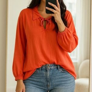 Scotch and Soda Orange Coral Blouse Collar Tie Balloon Sleeves Small Preppy Boho